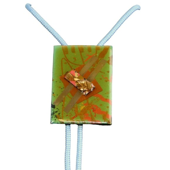 Abstract Green Bolo Tie OOAK Artist Signed Gold Collage Western Necklace - Picture 1 of 9